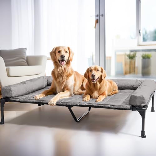 Veehoo Elevated Dog Bed with Removable Waterproof Bolster Cushion, Breathable Mesh, Indoor Outdoor, 42x30 inches, Beige U875430