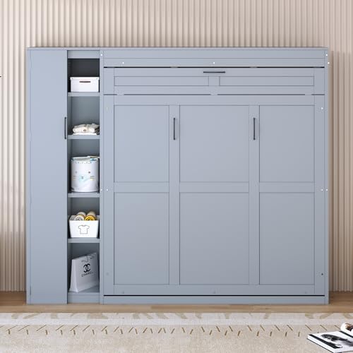 Harper & Bright Designs Queen Murphy Bed with Storage Shelves and LED Lights, Gray D9429