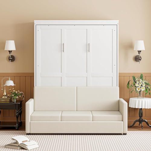 MERITLINE Queen Murphy Bed with Couch and Storage Shelves, White M951