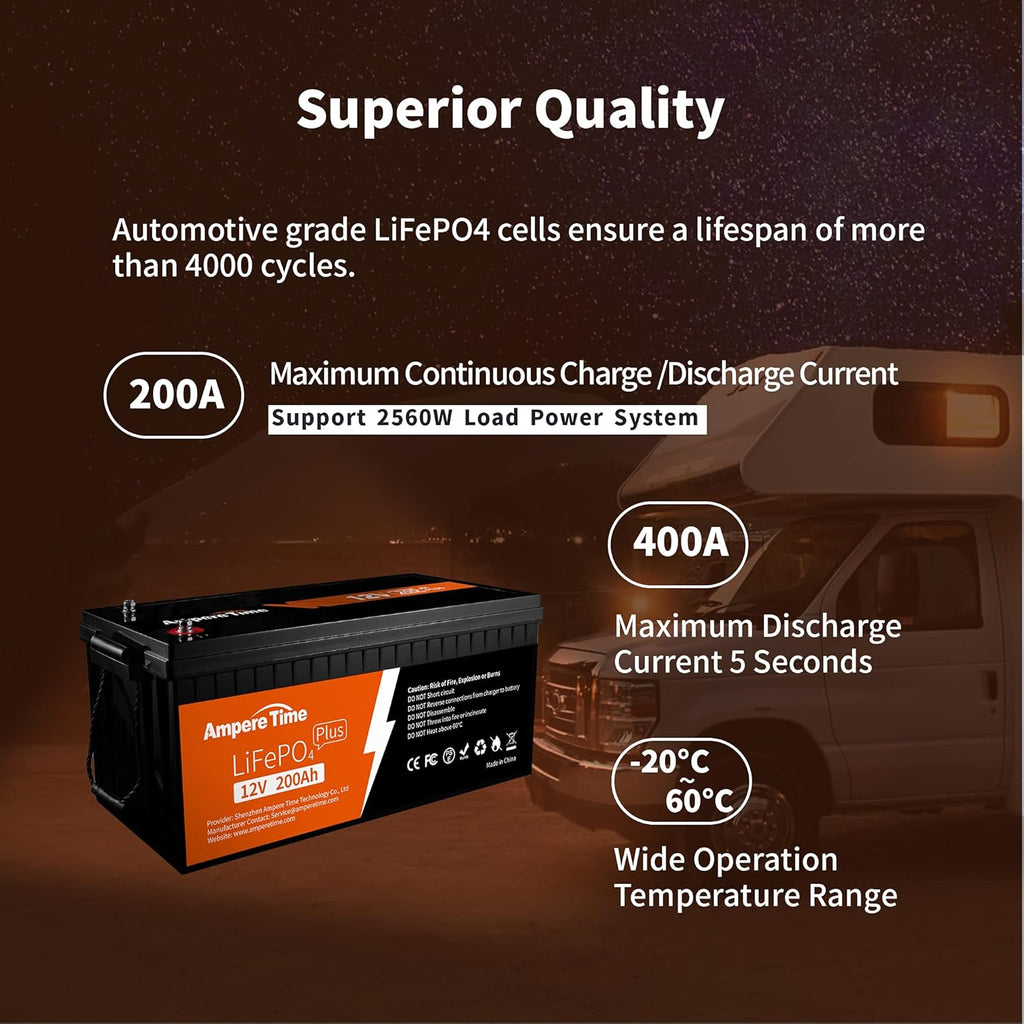 Ampere Time 12V 200Ah Plus LiFePO4 Battery with 200A BMS N84511