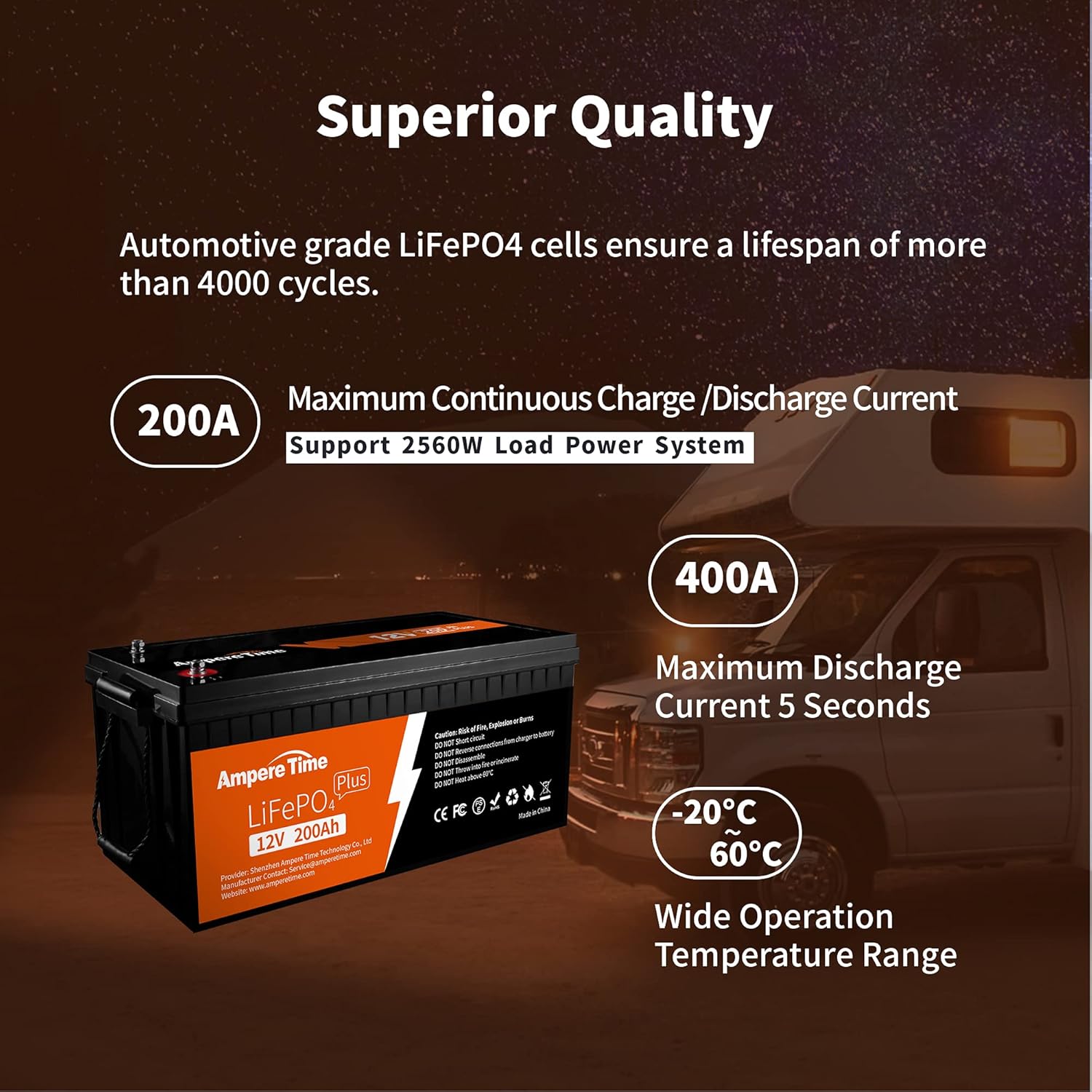 Ampere Time 12V 200Ah Plus LiFePO4 Battery with 200A BMS N84511