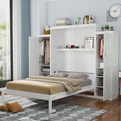 Queen Size Murphy Bed Wall Cabinet with 2 Wardrobes and Storage Shelf, White E955210