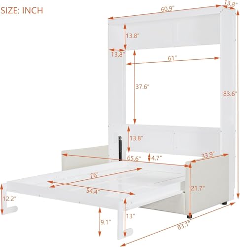 MERITLINE Queen Murphy Bed with Couch and Storage Shelves, White M951