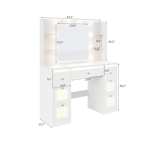 Makeup Vanity with Lights, Glass Top Desk with Mirror for Bedroom K649