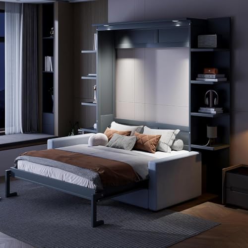 Queen Murphy Bed with Couch and Storage Shelves, Wood Cabinet, Grey I683551