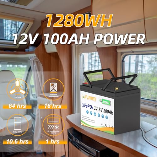 FLLYROWER 12V 100Ah LiFePO4 Battery with BMS for Marine RV Solar I833