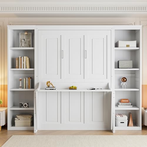 Queen Size Murphy Bed Wall Cabinet with 2 Wardrobes and Storage Shelf, White E955210