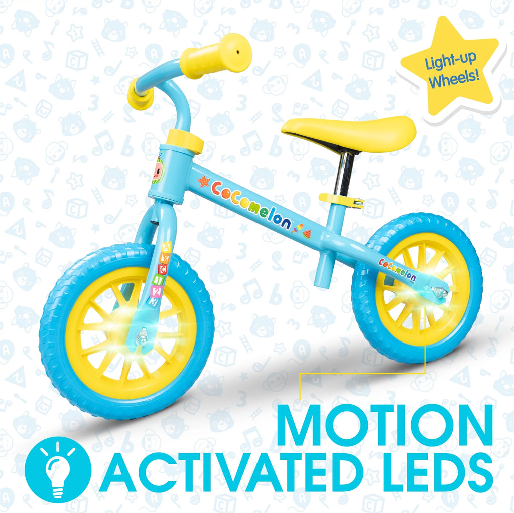 Cocomelon Toddlers Balance Bike with Adjustable Helmet, Light-up Wheels, Blue W771