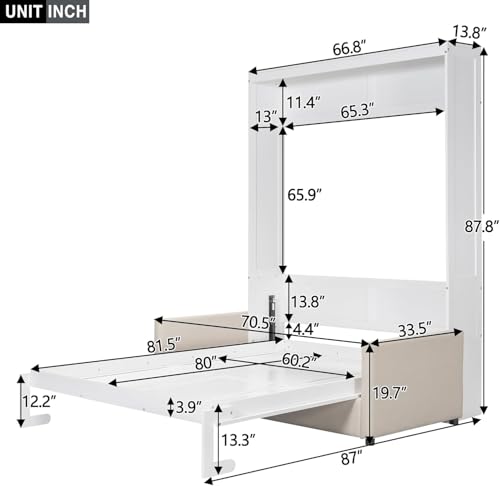 MERITLINE Queen Murphy Bed with Couch and Storage Shelves, White M951
