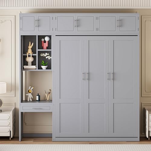 PURLOVE Wood Twin Murphy Bed with Light and USB, Gray W600663