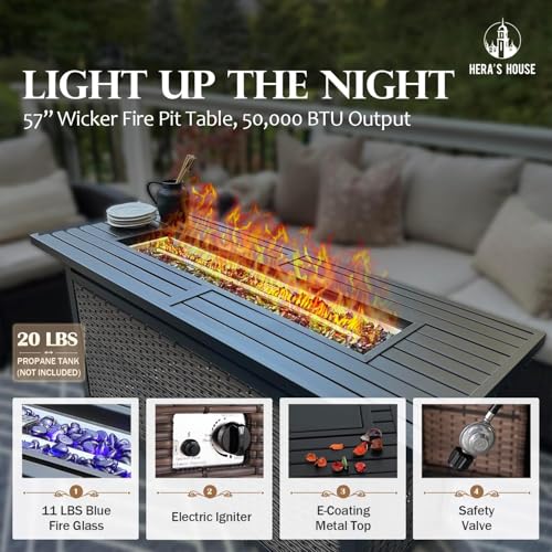 HERA'S HOUSE Patio Furniture Set with 56" Fire Pit Table, 6 Pieces 7 Seats Wicker Sectional Z546196