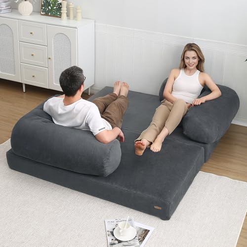 COMAX Folding Sofa Bed Convertible Chair Bed Corduroy 3-in-1 Floor Couch, Dark Grey E940