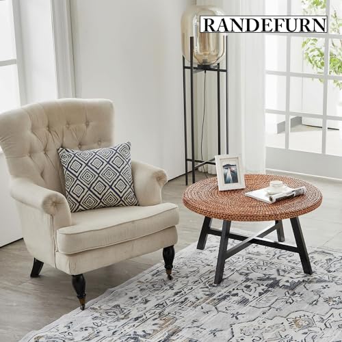 RANDEFURN Round Seagrass Coffee Table with Pine Wood X Base, 32 x 17 Inches E987219