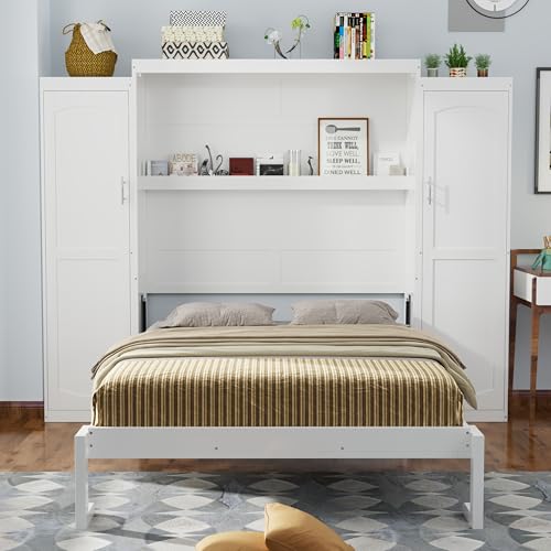 Queen Size Murphy Bed Wall Cabinet with 2 Wardrobes and Storage Shelf, White E955210