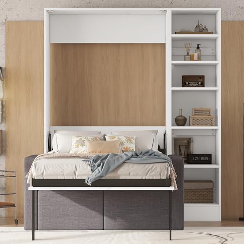 MERITLINE Queen Murphy Bed with Couch and Storage Shelves, White M951