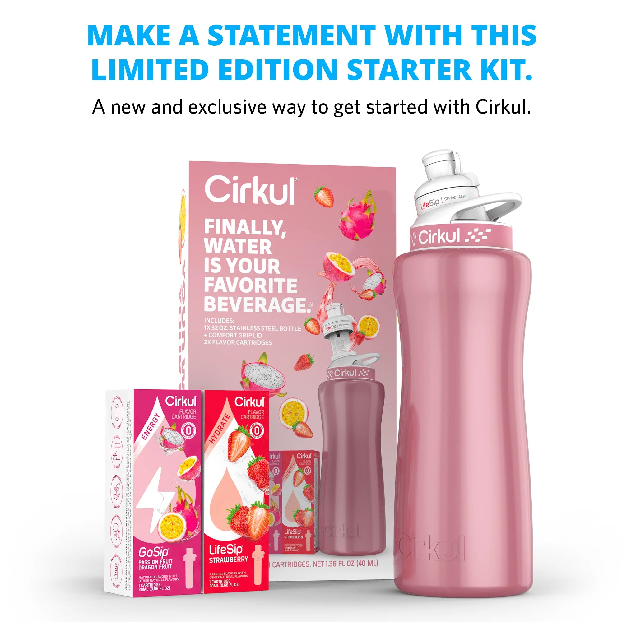 Cirkul 32oz Rose Gold Stainless Steel Water Bottle Starter Kit with 2 Flavor Cartridges Y563