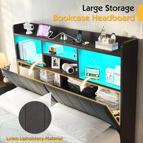 Farmhouse Bed Frame with Bookcase Headboard, LED Storage, Black G550865