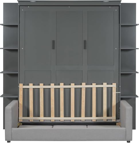Queen Murphy Bed with Couch and Storage Shelves, Wood Cabinet, Grey I683551