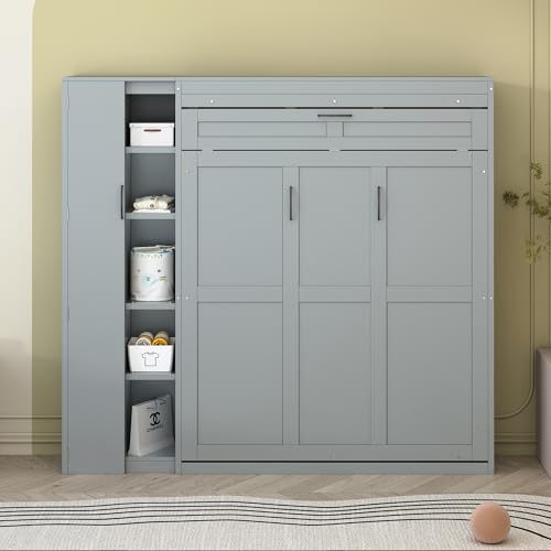 Harper & Bright Designs Queen Murphy Bed with Storage Shelves and LED Lights, Gray D9429