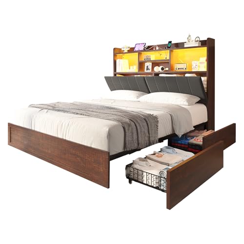 Farmhouse Bed Frame with Bookcase Headboard, LED Storage, Black G550865