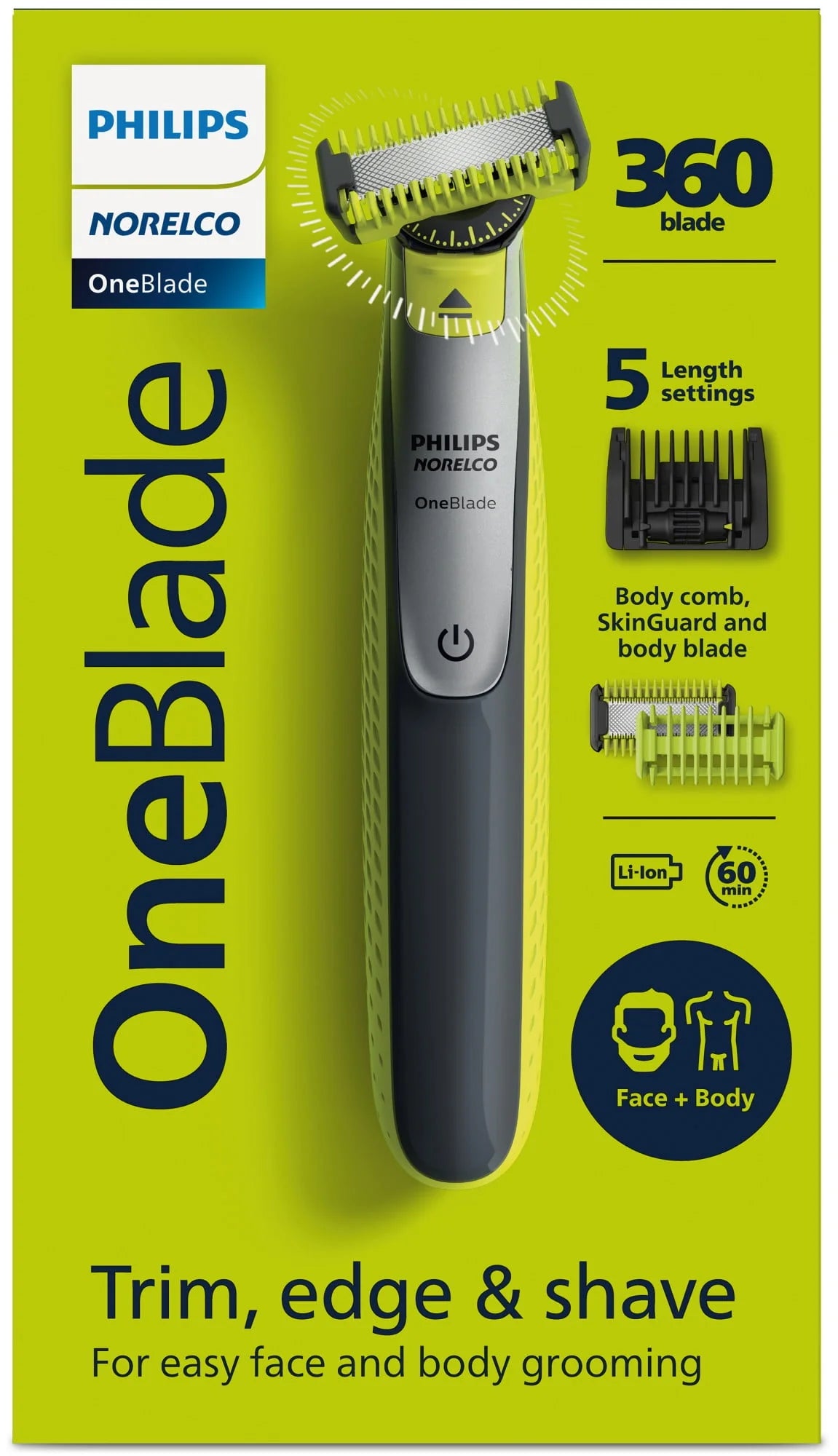 Philips Norelco Oneblade 360 Face + Body Hybrid Electric Razor and Beard Trimmer for Men U52838