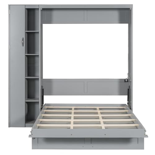 Harper & Bright Designs Queen Murphy Bed with Storage Shelves and LED Lights, Gray D9429