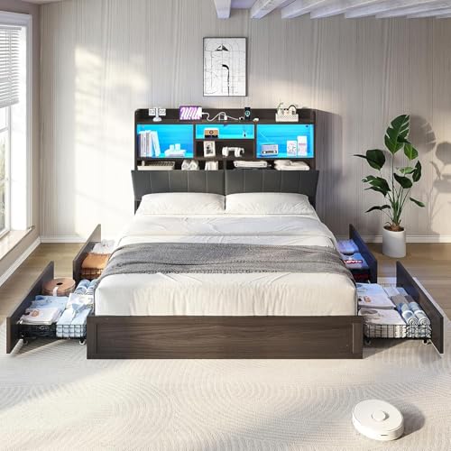 Farmhouse Bed Frame with Bookcase Headboard, LED Storage, Black G550865