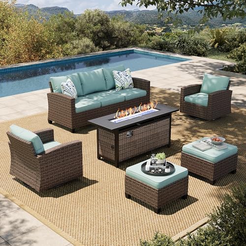 HERA'S HOUSE Patio Furniture Set with 56" Fire Pit Table, 6 Pieces 7 Seats Wicker Sectional Z546196