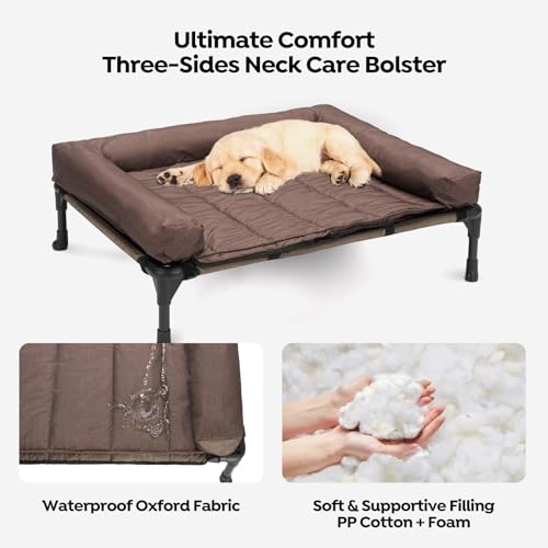 Veehoo Elevated Dog Bed with Removable Waterproof Bolster Cushion, Breathable Mesh, Indoor Outdoor, 42x30 inches, Beige U875430