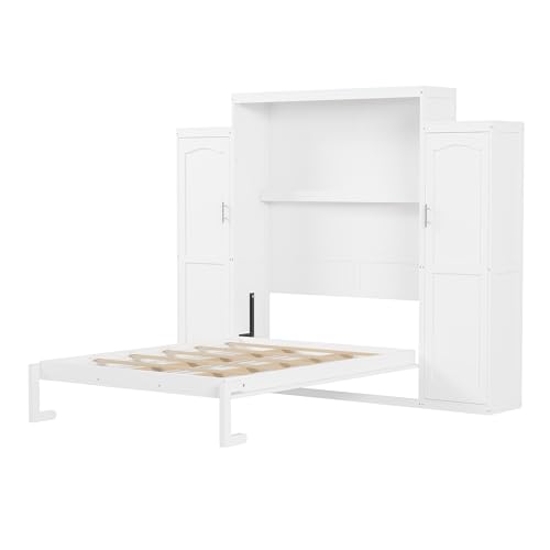 Queen Size Murphy Bed Wall Cabinet with 2 Wardrobes and Storage Shelf, White E955210