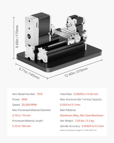 VEVOR Mini Metal Lathe Machine 2.76 x 5.12 in 36W 20000 RPM with 3-Jaw Chuck P311685