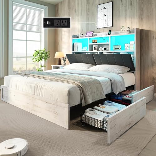 Farmhouse Bed Frame with Bookcase Headboard, LED Storage, Black G550865