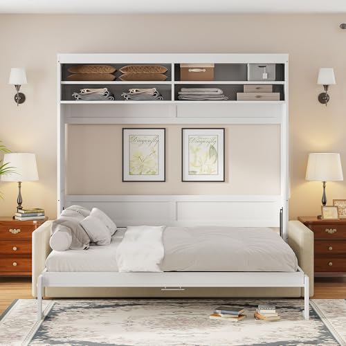 MERITLINE Queen Murphy Bed with Couch and Storage Shelves, White M951