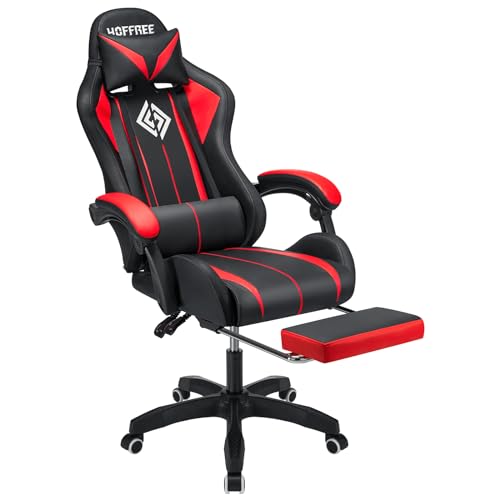 HOFFREE RGB Gaming Chair with Speakers and Footrest, Blue and Black B69323