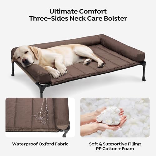 Veehoo Elevated Dog Bed with Removable Waterproof Bolster Cushion, Breathable Mesh, Indoor Outdoor, 42x30 inches, Beige U875430