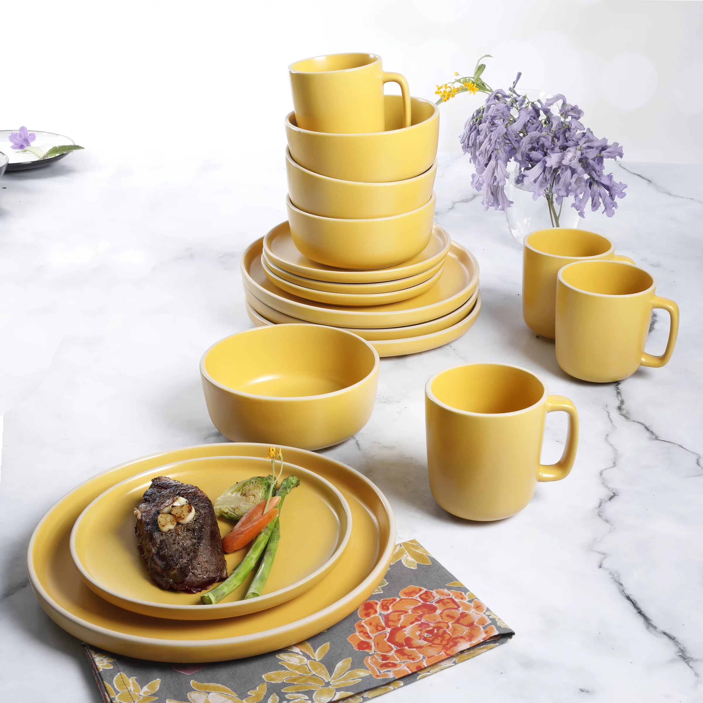Gibson Home Zuma 16 Piece Round Dinnerware Set, Matte Stoneware, Yellow D2137