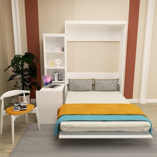 Queen Size Murphy Bed Wall Cabinet with 2 Wardrobes and Storage Shelf, White E955210