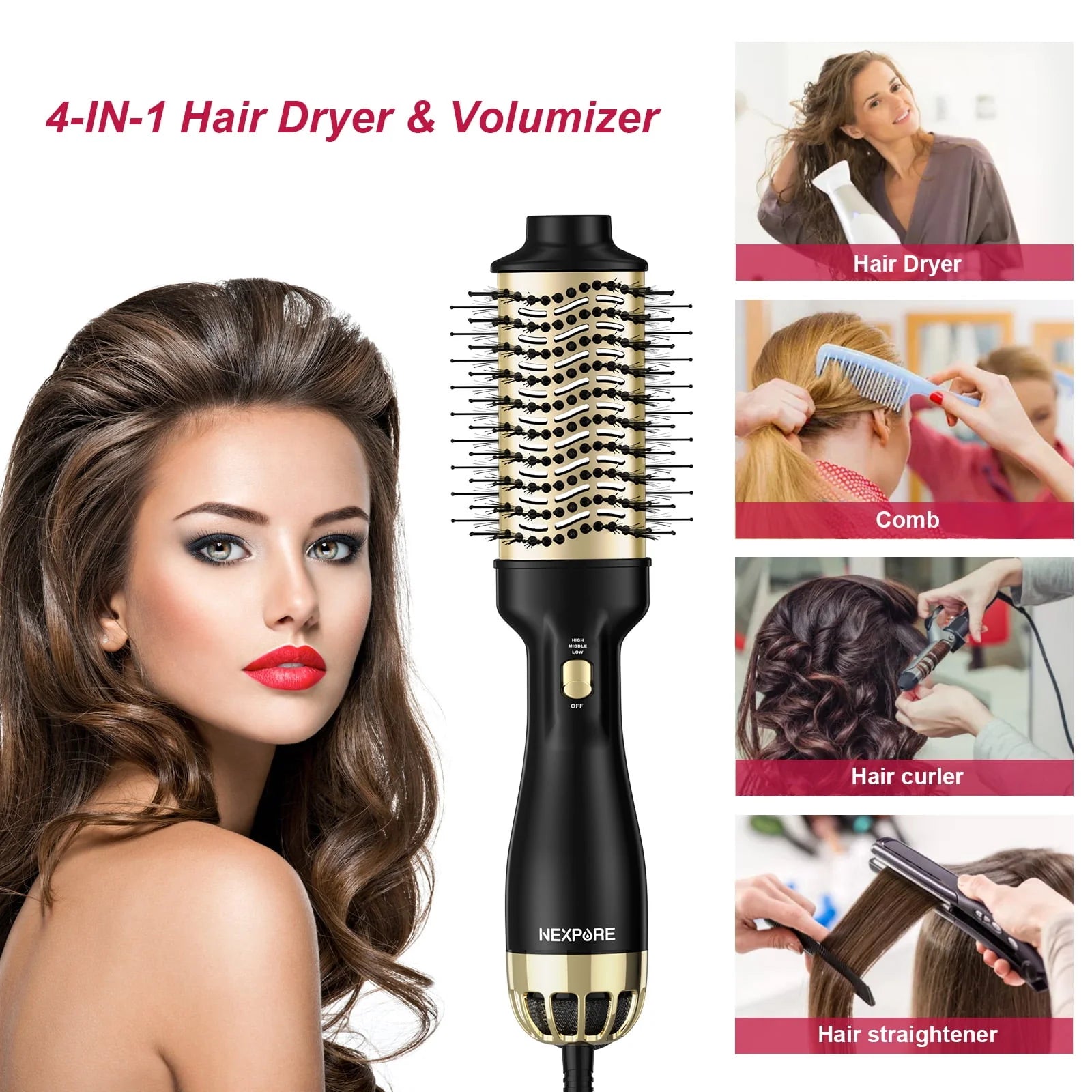 NEXPURE Hair Dryer Brush 4 in 1 with Negative Ion Anti-Frizz Ceramic Titanium Barrel H645139