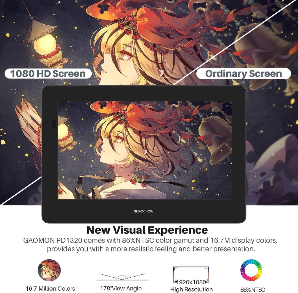 GAOMON PD1320 13.3 Inch Graphics Drawing Tablet with Pen Display, Gray J4203