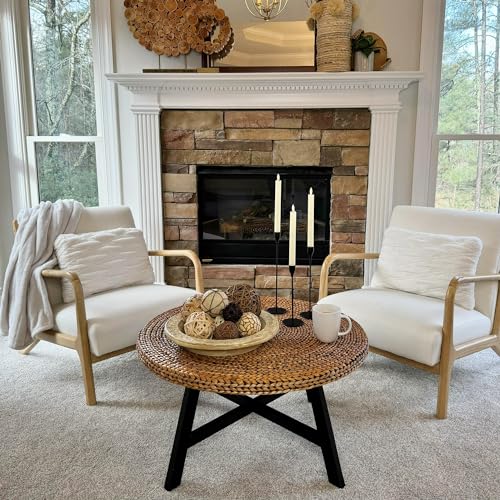 RANDEFURN Round Seagrass Coffee Table with Pine Wood X Base, 32 x 17 Inches E987219