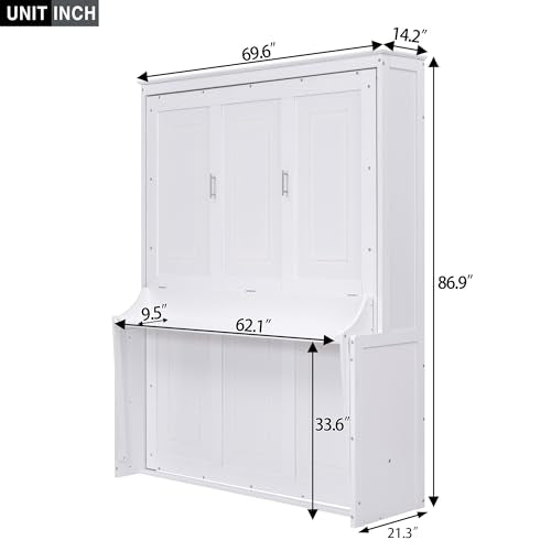 Queen Size Murphy Bed with Foldable Shelf/Desk, Solid Pine Wood, White P330