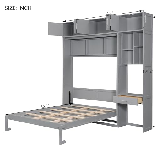 PURLOVE Wood Twin Murphy Bed with Light and USB, Gray W600663