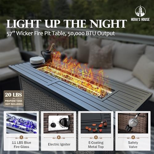 HERA'S HOUSE Patio Furniture Set with 56" Fire Pit Table, 6 Pieces 7 Seats Wicker Sectional Z546196