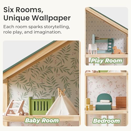 Tiny Land Wooden Dollhouse for Girls with 31Pcs Furniture Accessories, Green L263