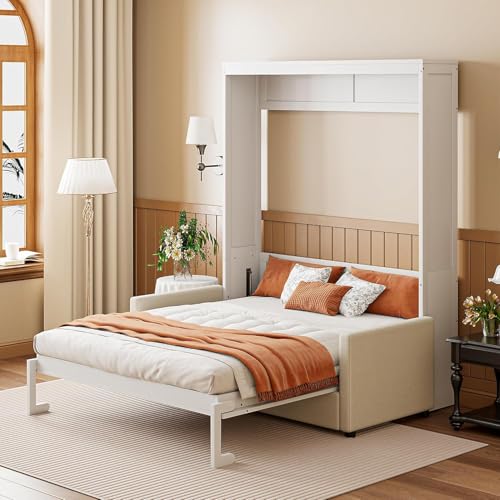 MERITLINE Queen Murphy Bed with Couch and Storage Shelves, White M951