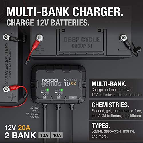 NOCO Genius GENPRO10X2 2-Bank 20A Onboard Battery Charger for Marine Lead-Acid & Lithium Batteries F5742