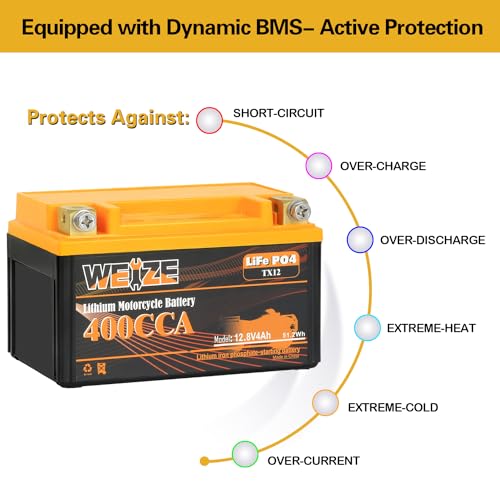 Weize Lithium YTX30L-BS 12V 10AH LiFePO4 Motorcycle Battery with Smart BMS E599001
