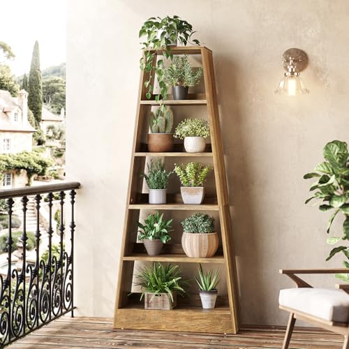 LITTLE TREE 6-Tier Tall Ladder Bookcase, Wooden Display Shelf, Warm Umber Finish X966377