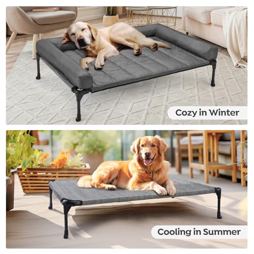 Veehoo Elevated Dog Bed with Removable Waterproof Bolster Cushion, Breathable Mesh, Indoor Outdoor, 42x30 inches, Beige U875430