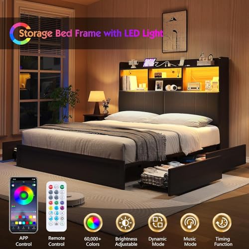 Farmhouse Bed Frame with Bookcase Headboard, LED Storage, Black G550865
